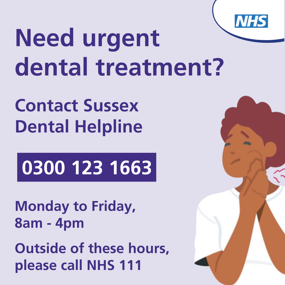 A pale blue graphic with a cartoon of a person holding their jaw in pain. It features an NHS logo and information for urgent dental treatment with the contact number: 03001231663