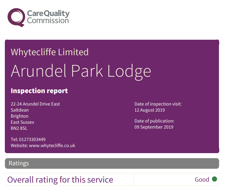 Purple sign with Whytecliffe Limited Arundel Park Lodge Inspection report 22-24 Arundel Drive East Saltdean Brighton East Sussex BN2 8SL,Tel: 01273303449,website: www.whytecliffe.co.uk,date of inspection visit:12/08/2019, date of publication:09/09/2019