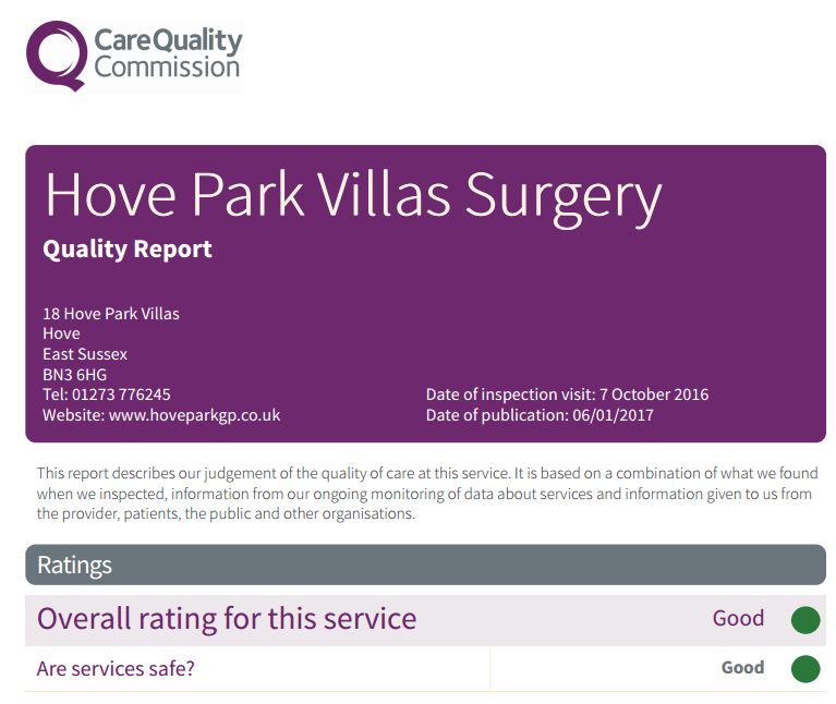 Purple sign saying: Hove Park Villas Surgery Quality Report, 18 Hove Park Villas, Hove, East Sussex, BN3 6HG, Telephone: 01273776245, webiste: www.hoveparkgp.co.uk date of inspection: 7th October 2016, Date of Inspection: 06/01/2017