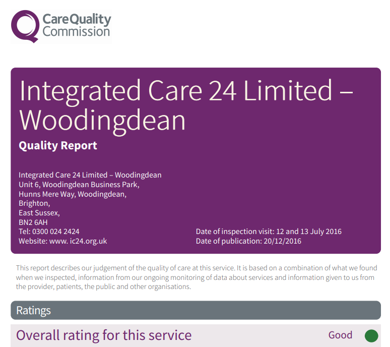 Purple Sign that the writing says: Integrated Care 24 Limited - Woodingdean Quality Report. Integrated Care 24 limited - Woodingdean Unit 6, Woodingdean Business Park, Hunns Mere Way, Woodigdean, Brighton, East Sussex, BN2 6AH Tel: 03000242424 