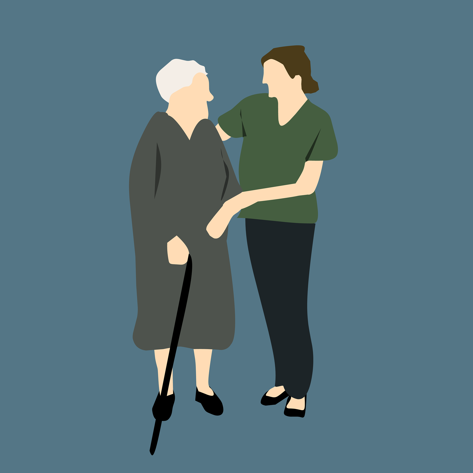 Graphic image, grey background, nurse supporting old lady