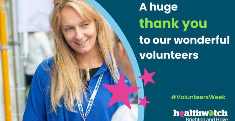 "A huge thank you to our wonderful volunteers. #VolunteersWeek." Smiling blonde woman wearing healthwatch clothes.
