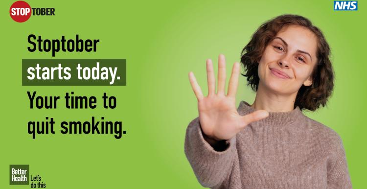 A person is holding 5 fingers up and there is text which says "Stop smoking for Stoptober and you're 5 times more likely to quit for good"