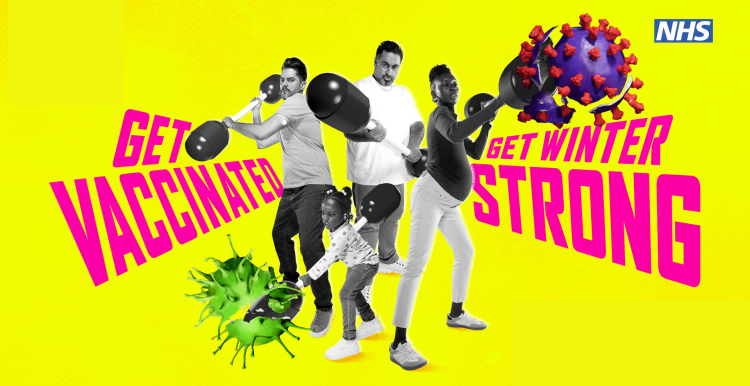 A graphic of a group of people defending themselves against a virus.