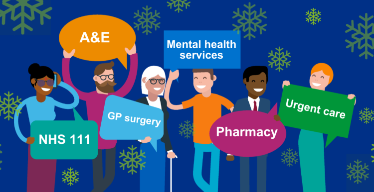 Festive healthcare volunteers cartoon.