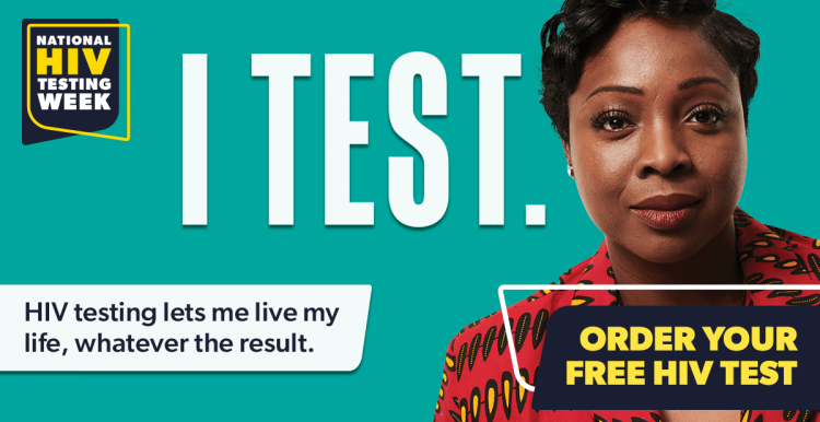 A graphic with a picture of a woman on a blue background stating, 'I test - HIV testing let's me live my life, whatever the result'.