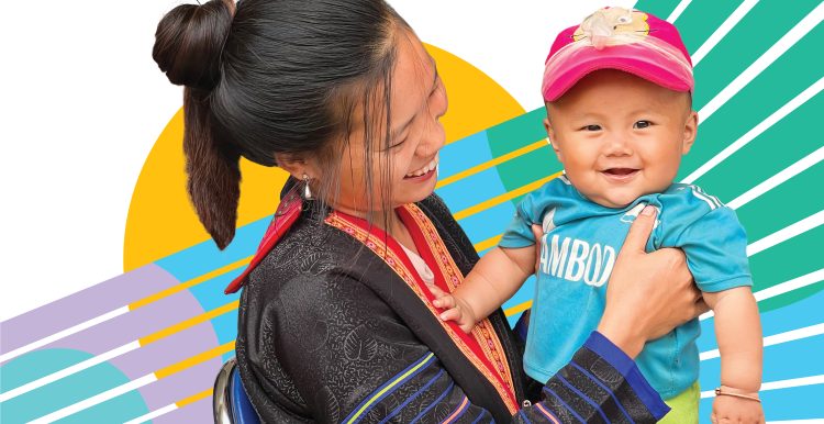 A woman with a smiling baby against a bright, graphic background.