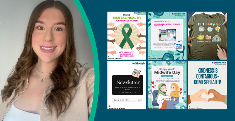 A headshot of a student volunteer smiling alongside a collage of social media posts.