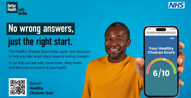 A man holding a phone on a blue backdrop advertising the new NHS Healthy Choices Quiz