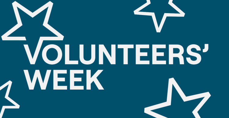 A dark blue text graphic featuring stars and wording saying: volunteers' week.