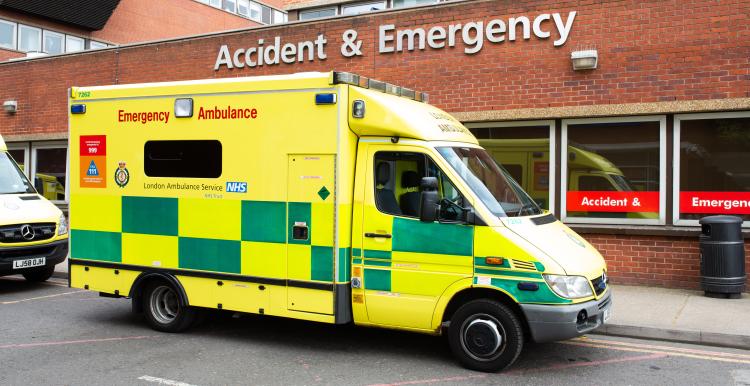 Hospital A&E Entrance, Yellow Ambulance out front