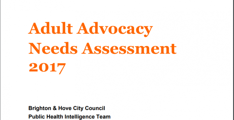 Orange overlapping squares bottom right, Orange writing Adult Advocacy Needs Assessment, NHS and B&H Council Logos Top Left