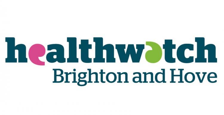 Healthwatch Brighton & Hove logo, Blue text, Letters E and A replaced with speech marks
