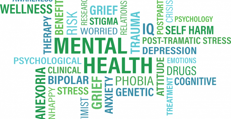 Overlapping text, shades of green and blue, mental health slogans, titles