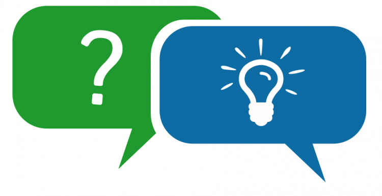 Graphic, 2 speech bubbles, overlapping, one green with ?, one blue with lightbulb