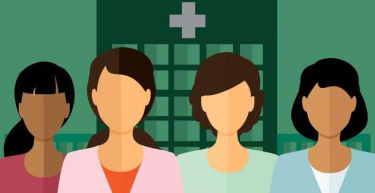 Graphic image, Green Background with hospital outline, 4 women in foreground