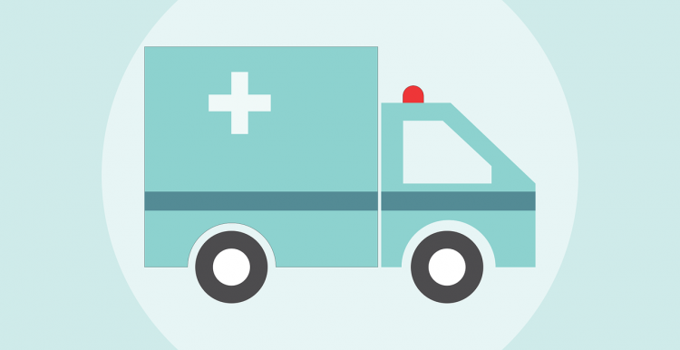 Graphic image, light blue ambulance, blue circle border, white background