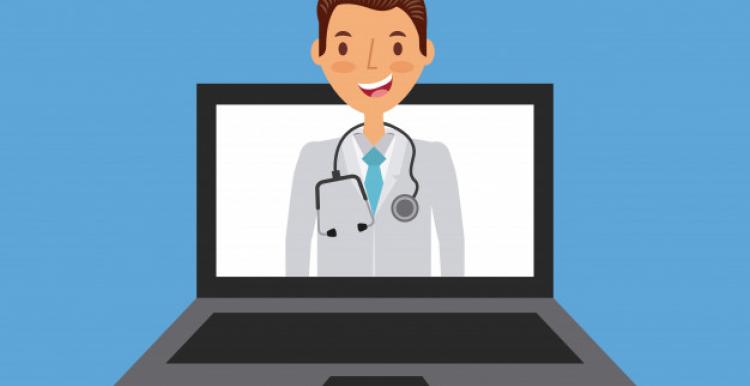 Graphic Image, Blue Background, Laptop Centre Image, GP in white coat popping out of laptop screen