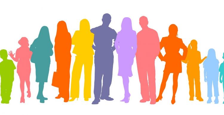 white background, block coloured figures standing in a row