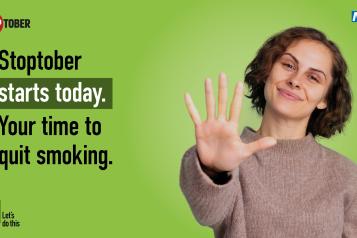 A person is holding 5 fingers up and there is text which says "Stop smoking for Stoptober and you're 5 times more likely to quit for good"