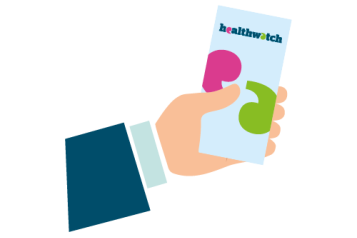 A graphic of a hand holding a phone with Healthwatch on the screen.