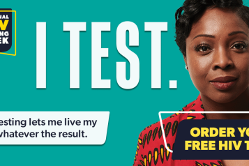A graphic with a picture of a woman on a blue background stating, 'I test - HIV testing let's me live my life, whatever the result'.