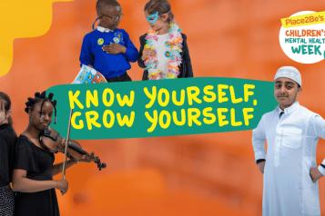 Five children enjoying creative activities superimposed on an orange background with the text, know yourself, grow yourself.