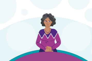 An illustration of a women looking concerned and holding her tummy. This recognises the symptoms of ovarian cancer for ovarian cancer awareness month, listing the symptoms as a bloated tummy, tummy pain, needing to wee more, and always feeling full.