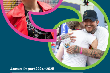 A blue backdrop with colourful pictures of smiling people, the Healthwatch Brighton and Hove logo, and text stating that this is the Healthwatch Brighton and Hove report 2024-2025