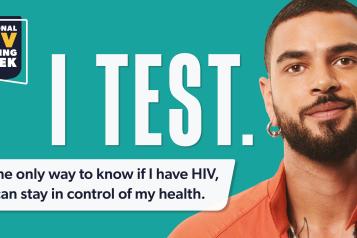 A man with the HIV testing week logo next to him and text saying: 'I test'.