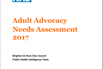 Orange overlapping squares bottom right, Orange writing Adult Advocacy Needs Assessment, NHS and B&H Council Logos Top Left