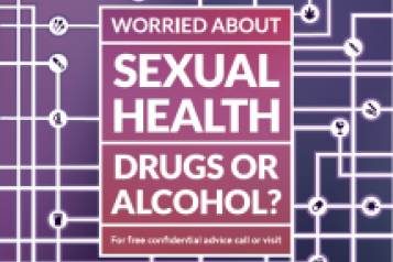 Advice sticker, local services, purple maze image, serivce details in each corner, central text, worries about sexual health, drugs, alcohol