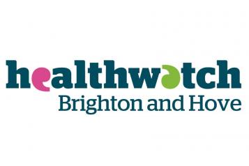 Healthwatch Brighton & Hove logo, Blue text, Letters E and A replaced with speech marks