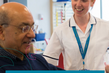 Cover of the annual report showing a smiling female nurse talking to a male patient