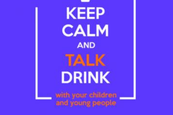 Blue Poster, White Text, Keep Calm and Talk Drink, Website information at the footer, graphic of wine bottle at top of poster