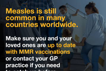 Image of family travelling with measles advice text. "Measles is still common in many countries worldwide. Make sure your family are up to date with MMR vaccinations".