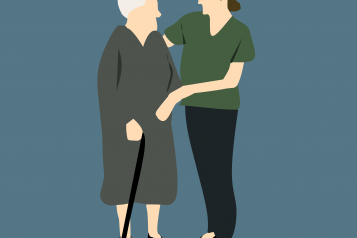 Graphic image, grey background, nurse supporting old lady