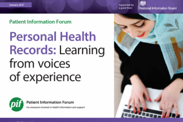 Advert from PIF, woman on right typing on laptop, Text reading Personal Health Records, Learning from voices of experience