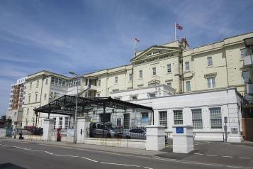 Roadside View, Front of Royal Sussex County Hospital, Cars parked outside