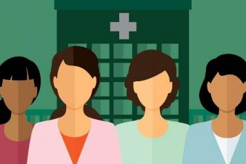 Graphic image, Green Background with hospital outline, 4 women in foreground