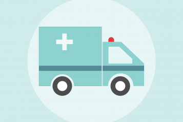 Graphic image, light blue ambulance, blue circle border, white background