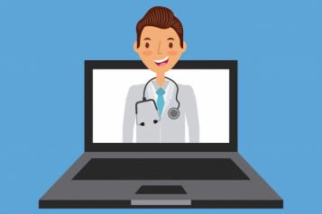 Graphic Image, Blue Background, Laptop Centre Image, GP in white coat popping out of laptop screen