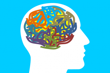 Drawing, Outline of Head, Multicoloured Wriggly Lines to represent mind, blue background