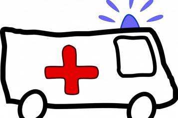 line drawing, clip art, ambulance, blue light at front, red cross on side