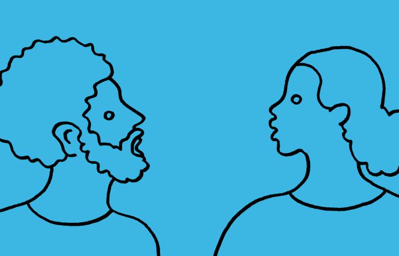 Line drawing of two people talking against a blue background.