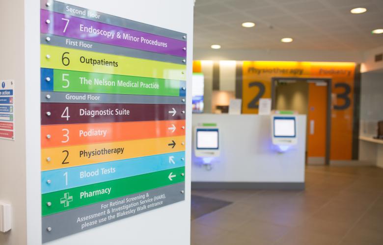 A photo of colourful signs directing service users to different departments in a hospital.