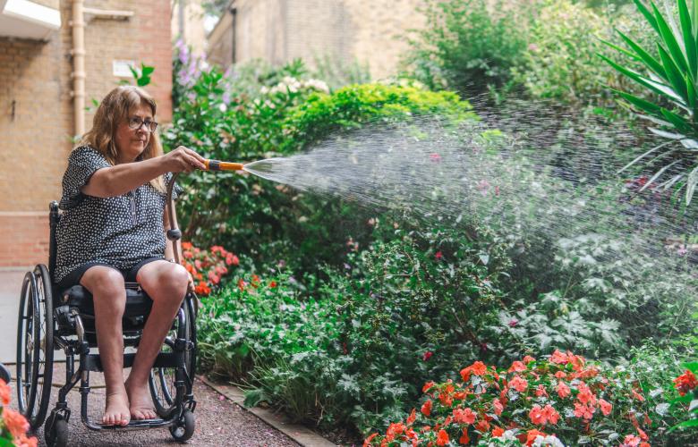 Woman in a wheelchair watering a garden.