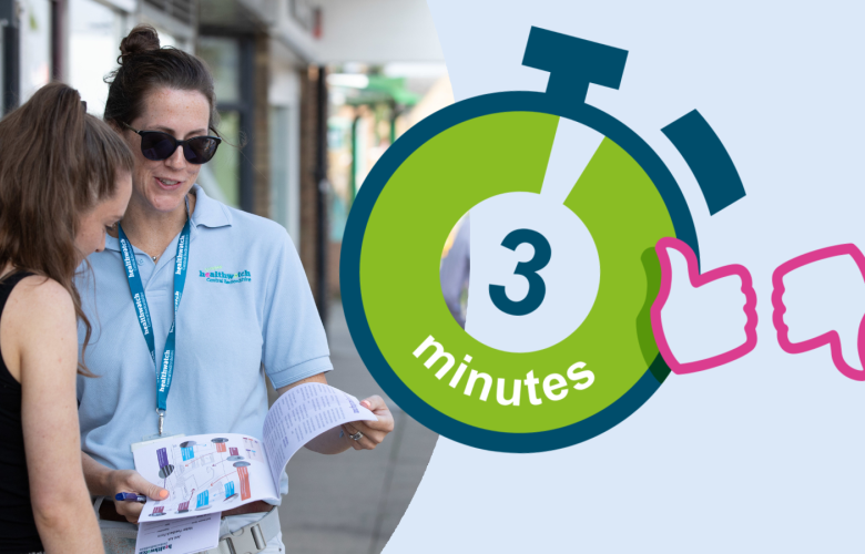 Two women stand outside talking. One's back is to the camera. The other faces the camera wearing sunglasses. The image features a clock graphic.