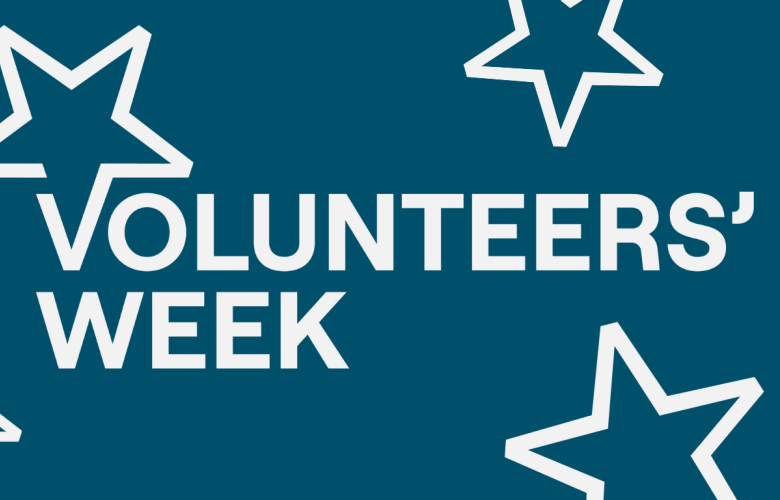 A dark blue text graphic featuring stars and wording saying: volunteers' week.