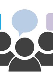 Graphic image, Three block figures, Black, Speech bubbles above each, Blue, Light Blue and Purple Speech Bubbles